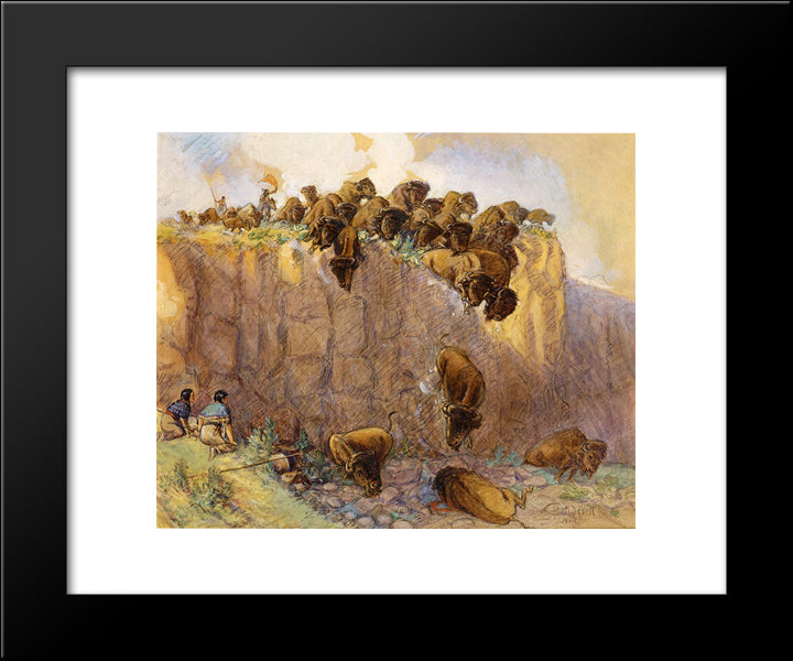 Driving Buffalo Over The Cliff 20x24 Black Modern Wood Framed Art Print Poster by Russell, Charles M.