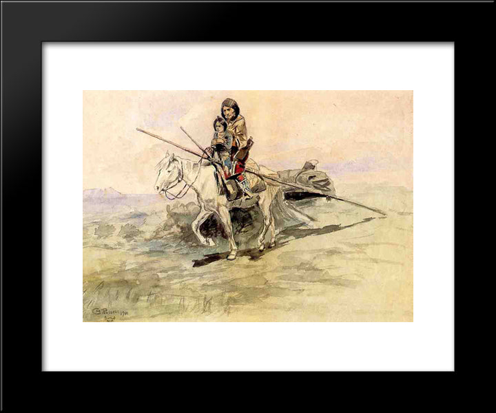 Indian On Horseback With A Child 20x24 Black Modern Wood Framed Art Print Poster by Russell, Charles M.