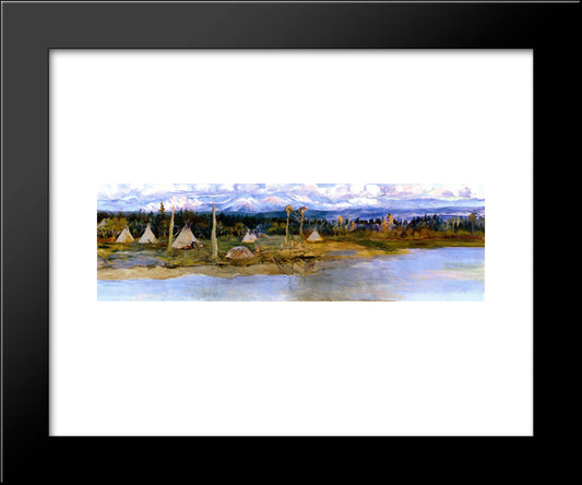 Kootenai Camp On Swan Lake (Unfinished) 20x24 Black Modern Wood Framed Art Print Poster by Russell, Charles M.