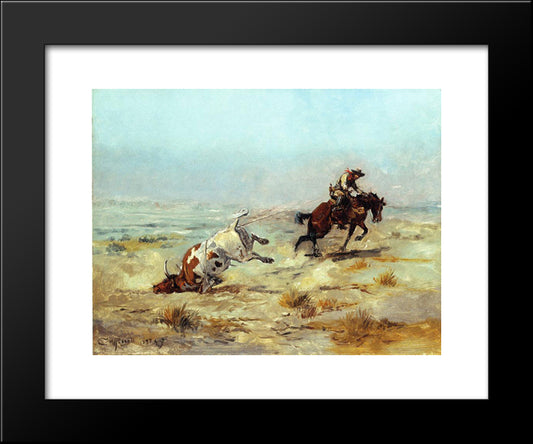 Lassoing A Steer 20x24 Black Modern Wood Framed Art Print Poster by Russell, Charles M.