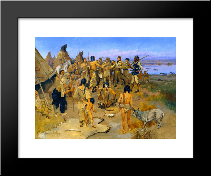 Lewis And Clark Meeting The Mandan Indians 20x24 Black Modern Wood Framed Art Print Poster by Russell, Charles M.