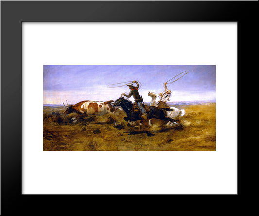 Oh Cowboys Roping A Steer 20x24 Black Modern Wood Framed Art Print Poster by Russell, Charles M.