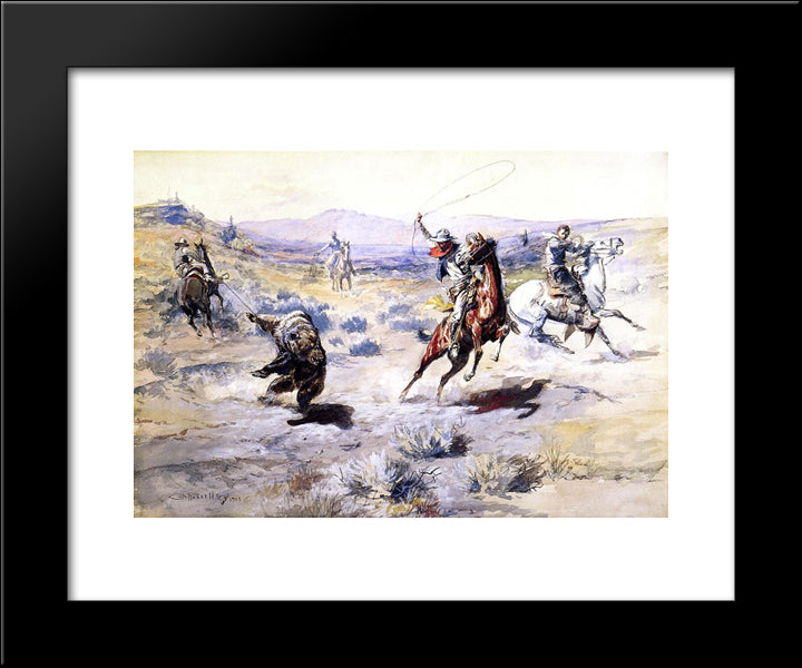 Roping A Grizzly 20x24 Black Modern Wood Framed Art Print Poster by Russell, Charles M.