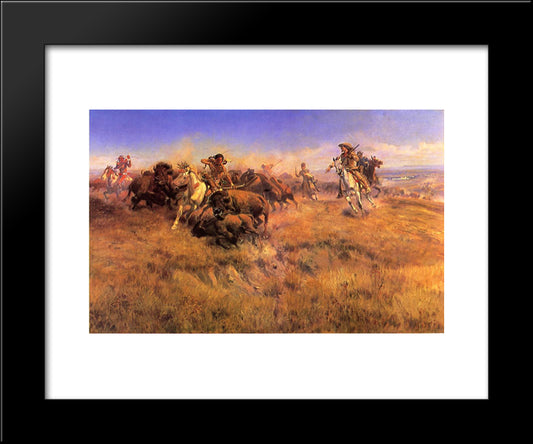 Running Buffalo 20x24 Black Modern Wood Framed Art Print Poster by Russell, Charles M.