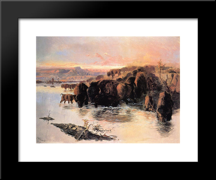 The Buffalo Herd 20x24 Black Modern Wood Framed Art Print Poster by Russell, Charles M.