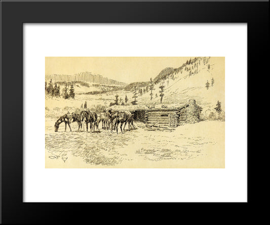 Where I Learned The Diamond Hitch - The Old Hoover Ranch On The South Fork Of The Judith 20x24 Black Modern Wood Framed Art Print Poster by Russell, Charles M.