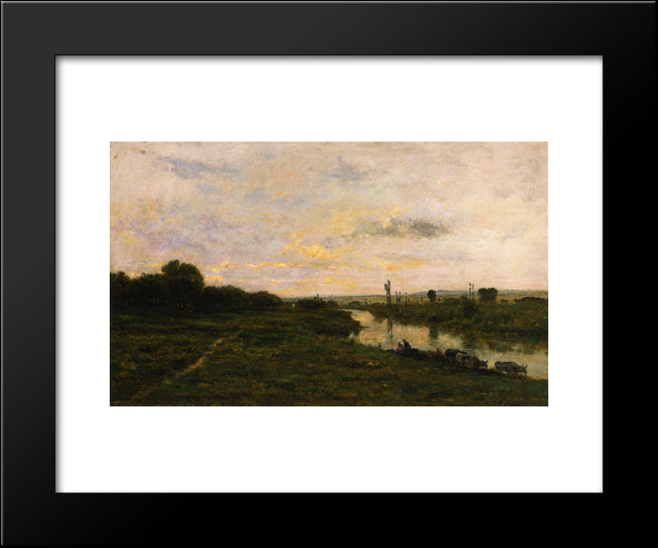 Cows On The Banks Of The Seine, At Conflans 20x24 Black Modern Wood Framed Art Print Poster by Daubigny, Charles Francois