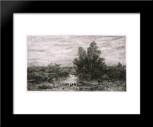 Fisherman On River With Ducks 20x24 Black Modern Wood Framed Art Print Poster by Daubigny, Charles Francois
