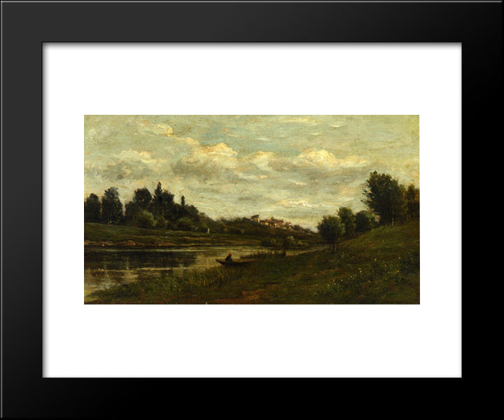 Fisherman On The Banks Of The River 20x24 Black Modern Wood Framed Art Print Poster by Daubigny, Charles Francois