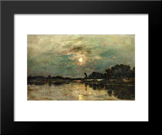 Riverbank In Moonlight 20x24 Black Modern Wood Framed Art Print Poster by Daubigny, Charles Francois