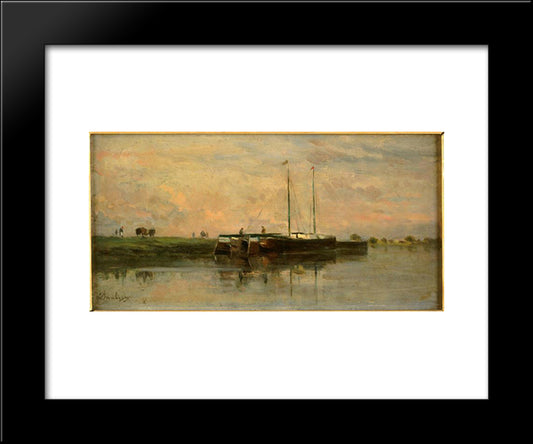 The Barges In Bezons 20x24 Black Modern Wood Framed Art Print Poster by Daubigny, Charles Francois