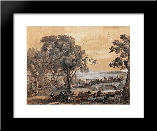 Coast Scene With A Battle On A Bridge 20x24 Black Modern Wood Framed Art Print Poster by Lorrain, Claude