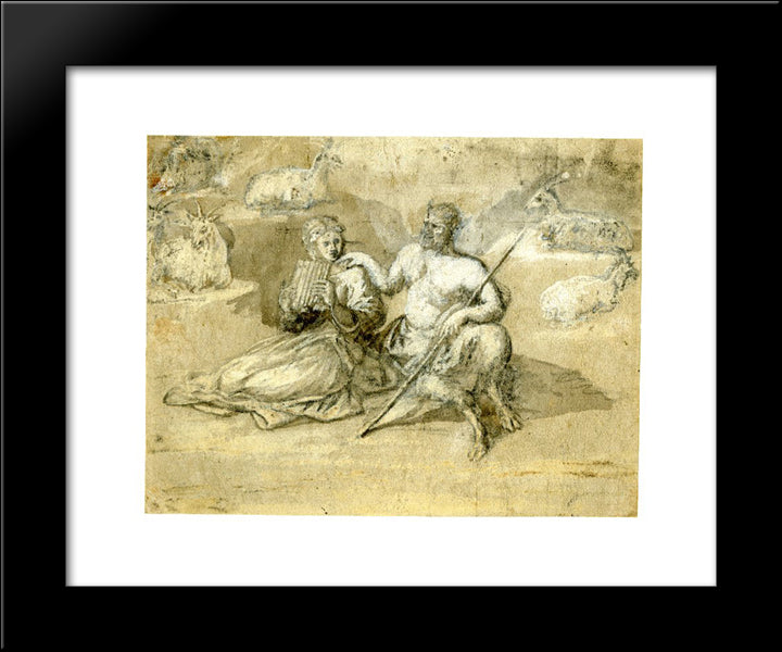 Drawing Of A Satyr, A Girl And Goats 20x24 Black Modern Wood Framed Art Print Poster by Lorrain, Claude