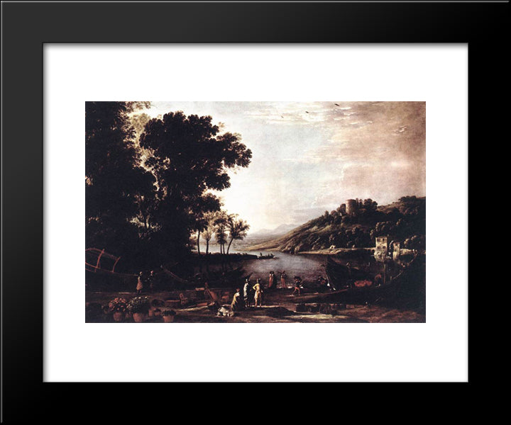 Landscape With Merchants 20x24 Black Modern Wood Framed Art Print Poster by Lorrain, Claude