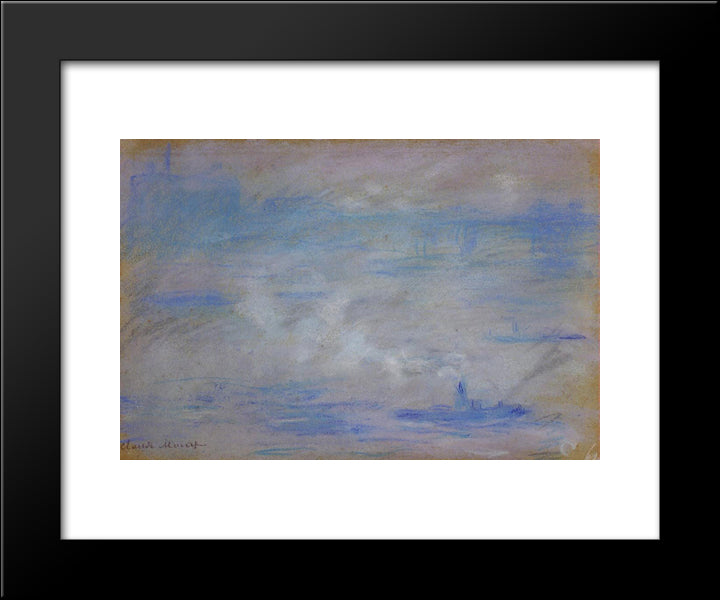 Boats On The Thames, Fog Effect 20x24 Black Modern Wood Framed Art Print Poster by Monet, Claude