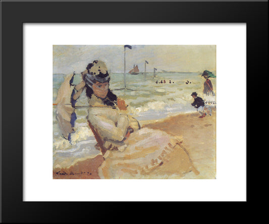 Camille On The Beach At Trouville 20x24 Black Modern Wood Framed Art Print Poster by Monet, Claude