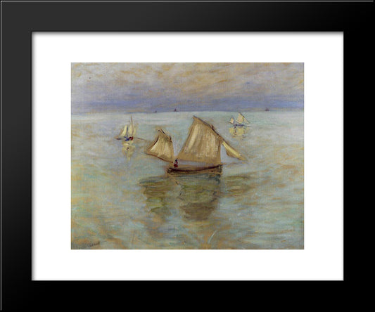 Fishing Boats At Pourville 20x24 Black Modern Wood Framed Art Print Poster by Monet, Claude