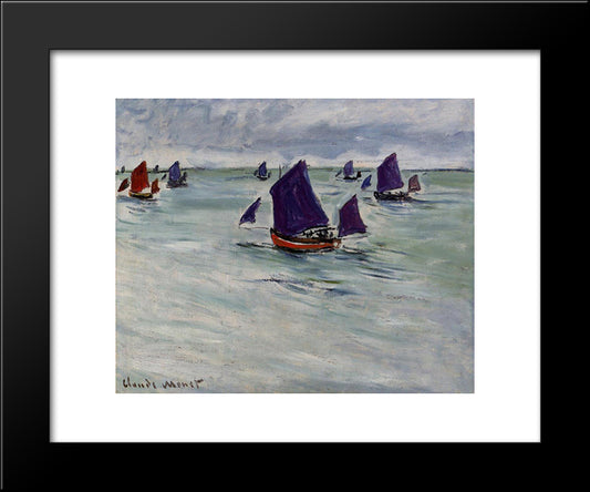 Fishing Boats Off Pourville 20x24 Black Modern Wood Framed Art Print Poster by Monet, Claude