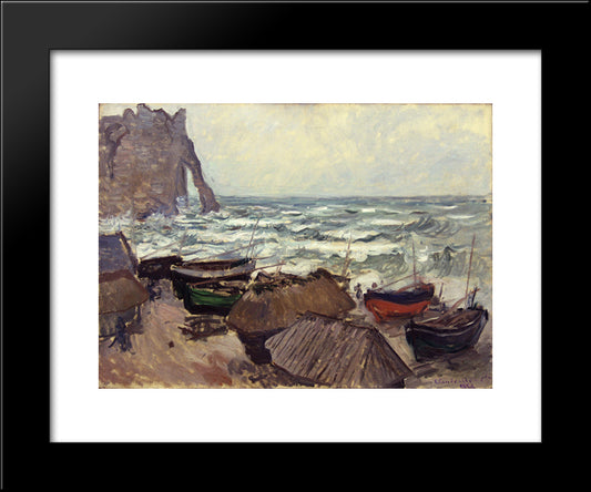 Fishing Boats On The Beach At Etretat 20x24 Black Modern Wood Framed Art Print Poster by Monet, Claude