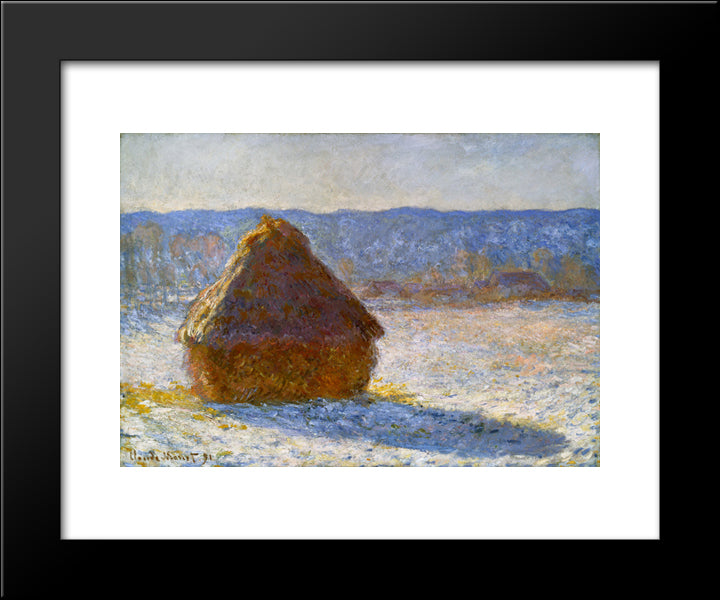 Grainstack In The Morning, Snow Effect 20x24 Black Modern Wood Framed Art Print Poster by Monet, Claude