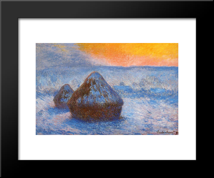 Grainstacks At Sunset, Snow Effect 20x24 Black Modern Wood Framed Art Print Poster by Monet, Claude