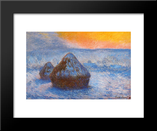 Grainstacks At Sunset, Snow Effect 20x24 Black Modern Wood Framed Art Print Poster by Monet, Claude