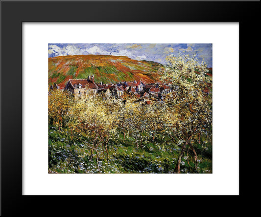 Plum Trees In Blossom At Vetheuil 20x24 Black Modern Wood Framed Art Print Poster by Monet, Claude