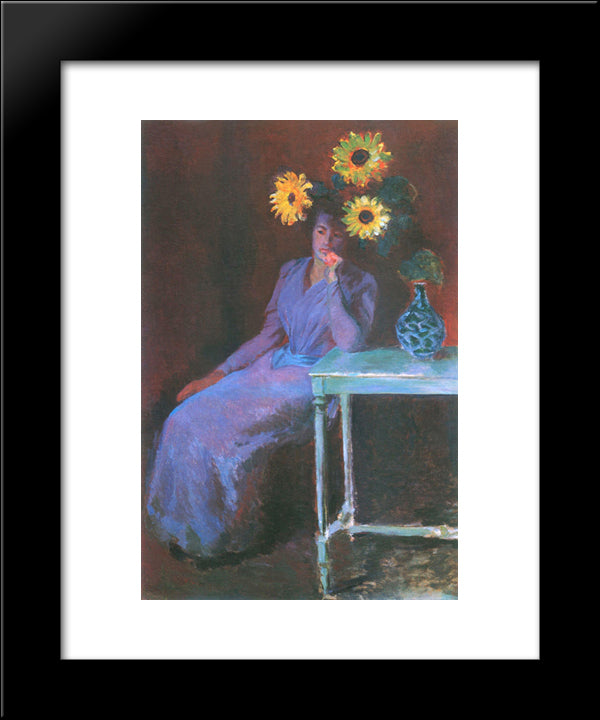 Portrait Of Suzanne Hoschede With Sunflowers 20x24 Black Modern Wood Framed Art Print Poster by Monet, Claude