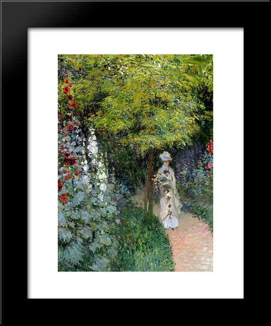 The Garden, Hollyhocks 20x24 Black Modern Wood Framed Art Print Poster by Monet, Claude