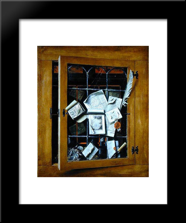 A Trompe L'Oeil Of An Open Glazed Cupboard Door, With Numerous Papers And Objects 20x24 Black Modern Wood Framed Art Print Poster by Gysbrechts, Cornelis Norbertus