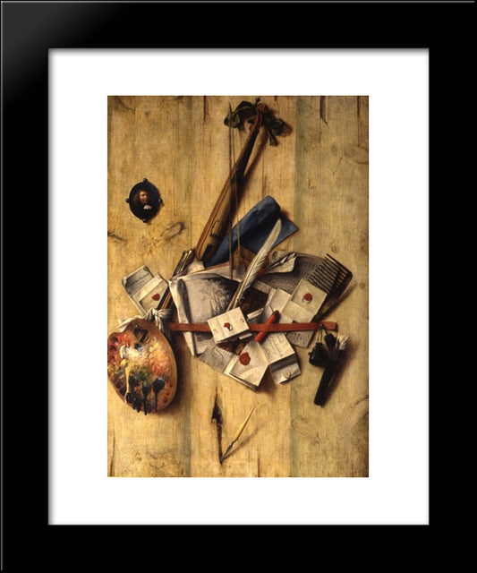 Trompe L'Oeil With Violin, Painter'S Implements And Self-Portrait 20x24 Black Modern Wood Framed Art Print Poster by Gysbrechts, Cornelis Norbertus