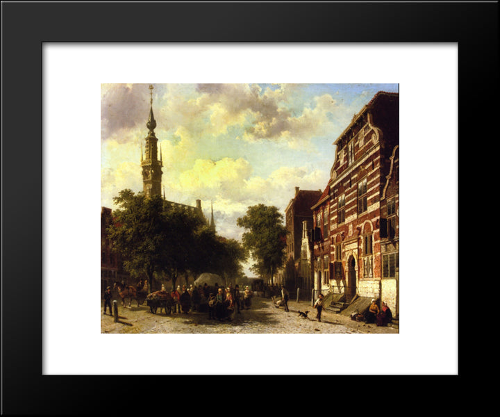 A Busy Market In Veere With The Clocktower Of The Town Hall Beyond 20x24 Black Modern Wood Framed Art Print Poster by Springer, Cornelis