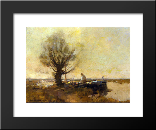 A Peasant In A Moored Barge 20x24 Black Modern Wood Framed Art Print Poster by Vreedenburgh, Cornelis