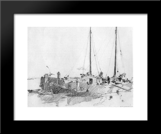 Docked Boats 20x24 Black Modern Wood Framed Art Print Poster by Vreedenburgh, Cornelis