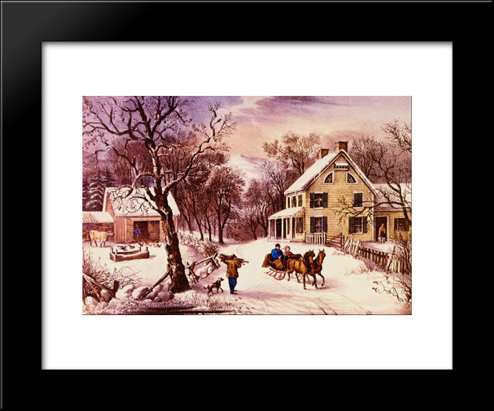 American Homestead Winter 20x24 Black Modern Wood Framed Art Print Poster by Currier and Ives
