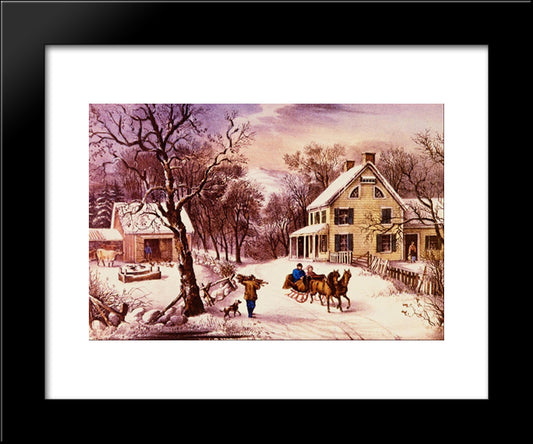 American Homestead Winter 20x24 Black Modern Wood Framed Art Print Poster by Currier and Ives