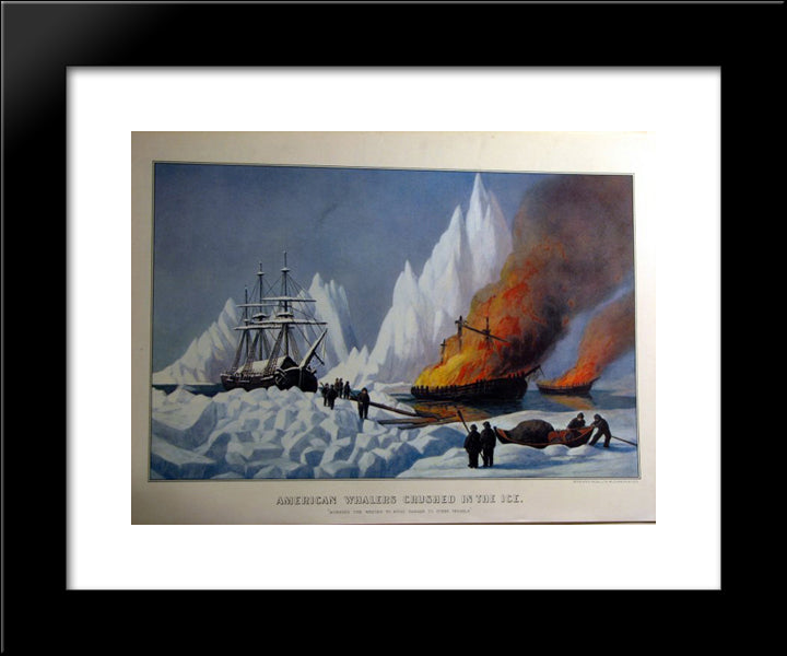 American Whalers Crushed In The Ice 20x24 Black Modern Wood Framed Art Print Poster by Currier and Ives