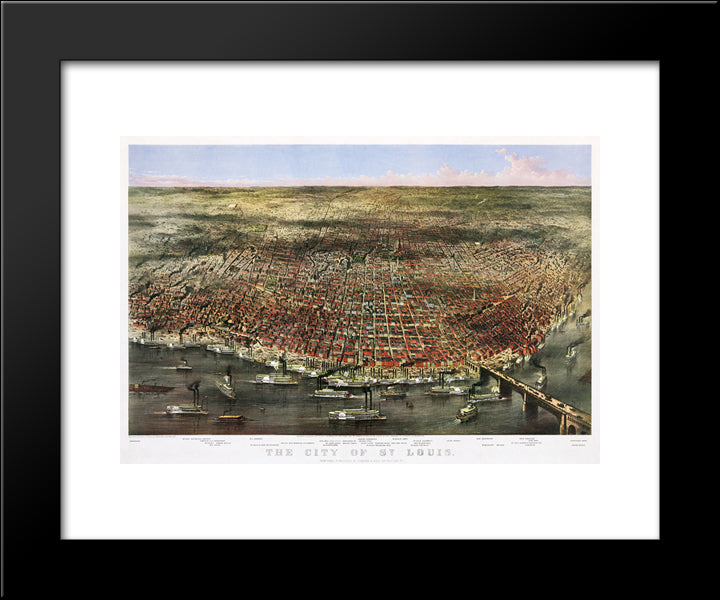 City Of St. Louis. Bird'S-Eye View Of St. Louis, Missouri, As Seen From Above The Mississippi River 20x24 Black Modern Wood Framed Art Print Poster by Currier and Ives