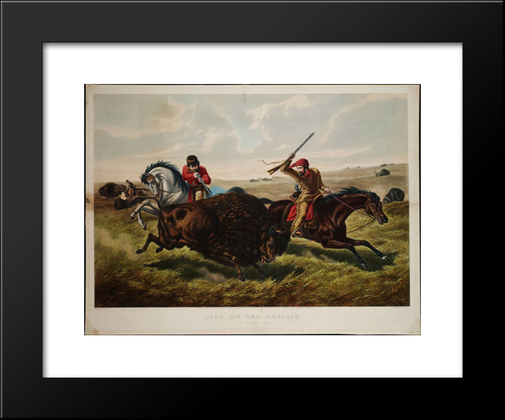 Life On The Prairie, The Buffalo Hunt 20x24 Black Modern Wood Framed Art Print Poster by Currier and Ives