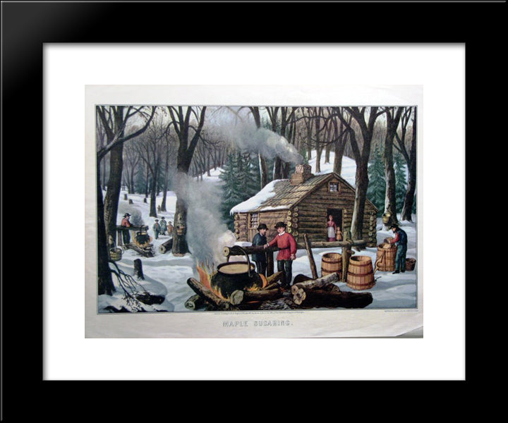 Maple Sugaring 20x24 Black Modern Wood Framed Art Print Poster by Currier and Ives