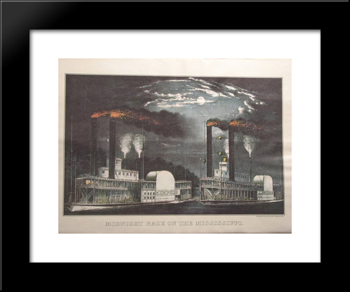 Midnight Race On The Mississippi 20x24 Black Modern Wood Framed Art Print Poster by Currier and Ives