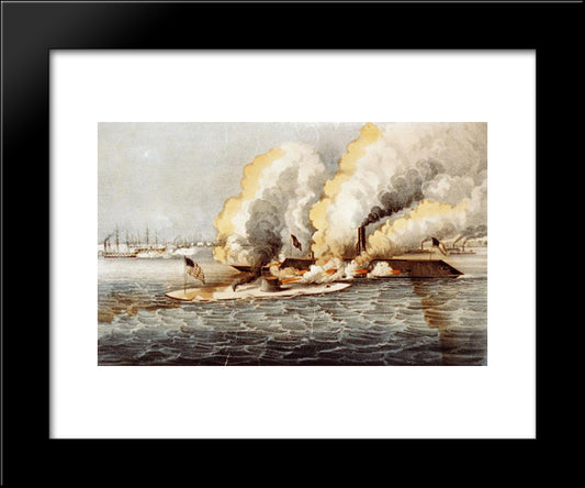 Terrific Combat Between The 'Monitor' 2 Guns & 'Merrimac' 11 Guns In Hampton Roads March 9Th., 1862 20x24 Black Modern Wood Framed Art Print Poster by Currier and Ives