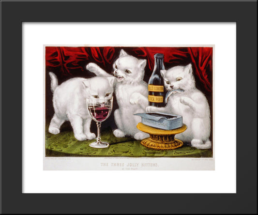 The Three Jolly Kittens At The Feast 20x24 Black Modern Wood Framed Art Print Poster by Currier and Ives