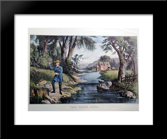 The Trout Pool 20x24 Black Modern Wood Framed Art Print Poster by Currier and Ives