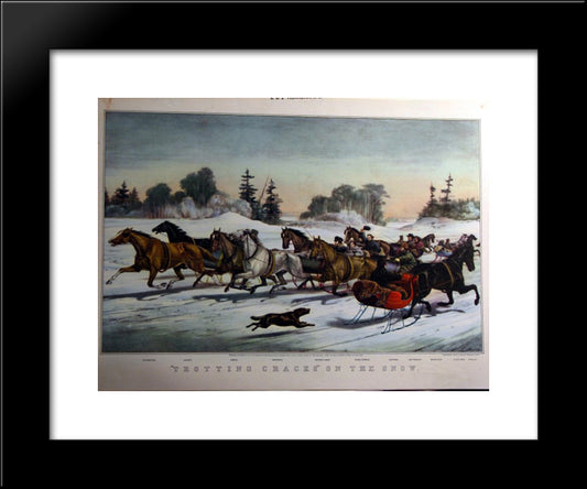 Trotting Cracks On The Snow 20x24 Black Modern Wood Framed Art Print Poster by Currier and Ives