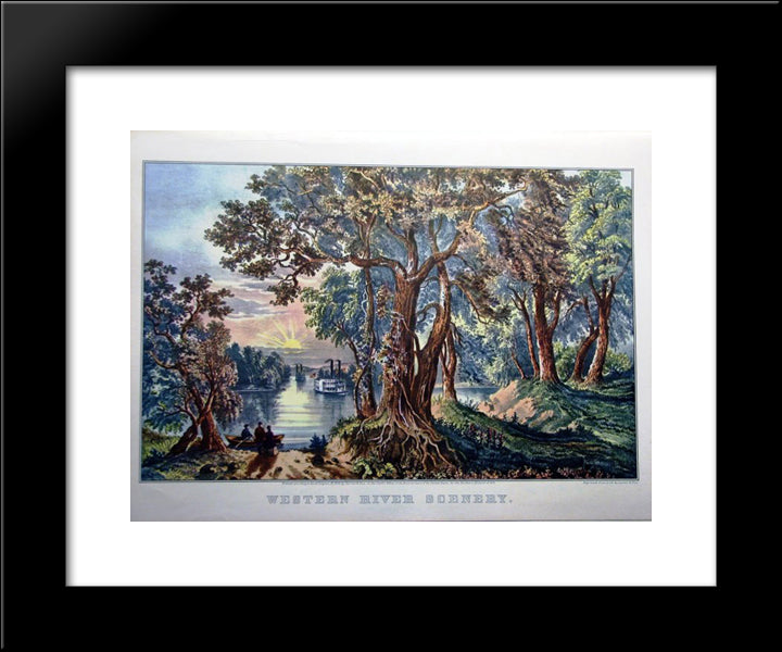 Western River Scenery 20x24 Black Modern Wood Framed Art Print Poster by Currier and Ives