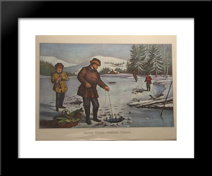 Winter Sports - Pickerel Fishing 20x24 Black Modern Wood Framed Art Print Poster by Currier and Ives