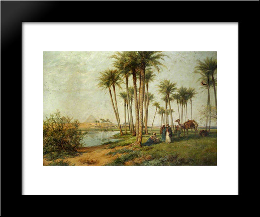Bedouin At An Oasis With Pyramids 20x24 Black Modern Wood Framed Art Print Poster by Bates, David