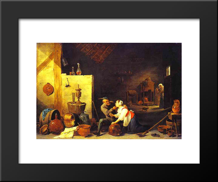 An Old Peasant Caresses A Kitchen Maid In A Stable 20x24 Black Modern Wood Framed Art Print Poster by Teniers the Younger, David