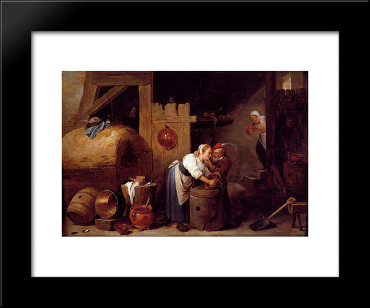 Interior Scene With A Young Woman Scrubbing Pots While An Old Man Makes Advances 20x24 Black Modern Wood Framed Art Print Poster by Teniers the Younger, David